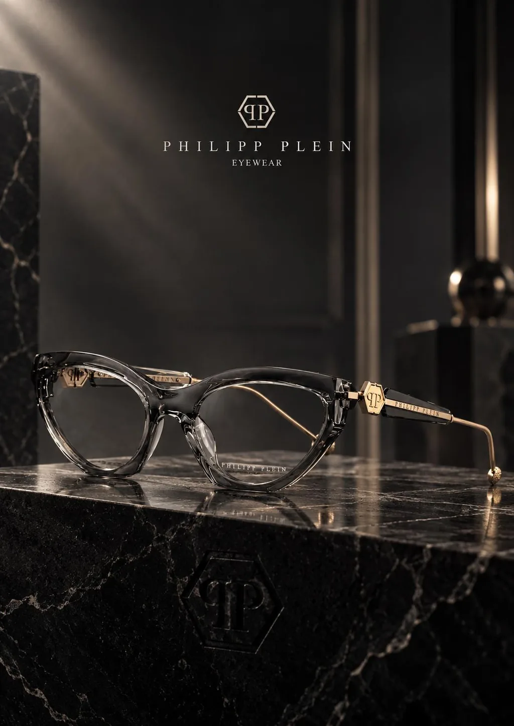 Ramă de vedere Philipp Plein, transparentă, cu detalii aurii